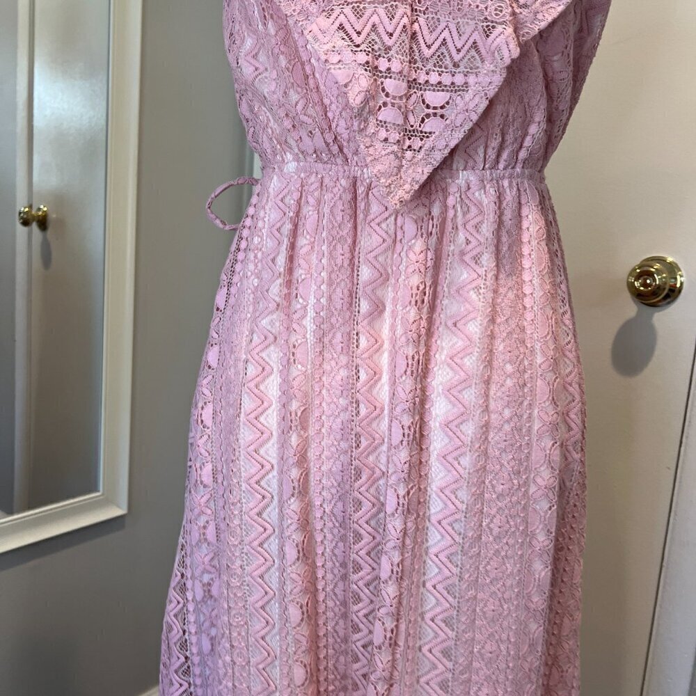 Aqua Pink Lace Hi Low Faux Wrap Dress, Size Small - Picture 4 of 16